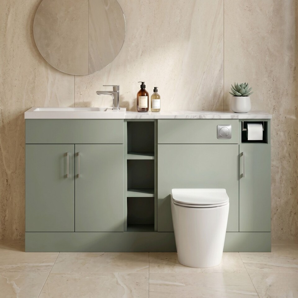 image 1 of Balterley Wichnor Contemporary Floor Standing Compact 3 Door Vanity Basin WC Combination Unit with Basin and Worktop, 1500mm, Fern Green