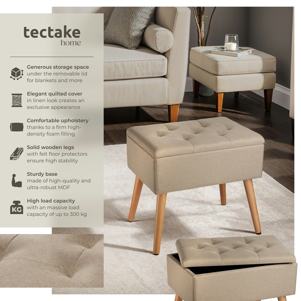 image 1 of Bench Ranya upholstered linen look with storage space - 300kg capacity Brown | Sand