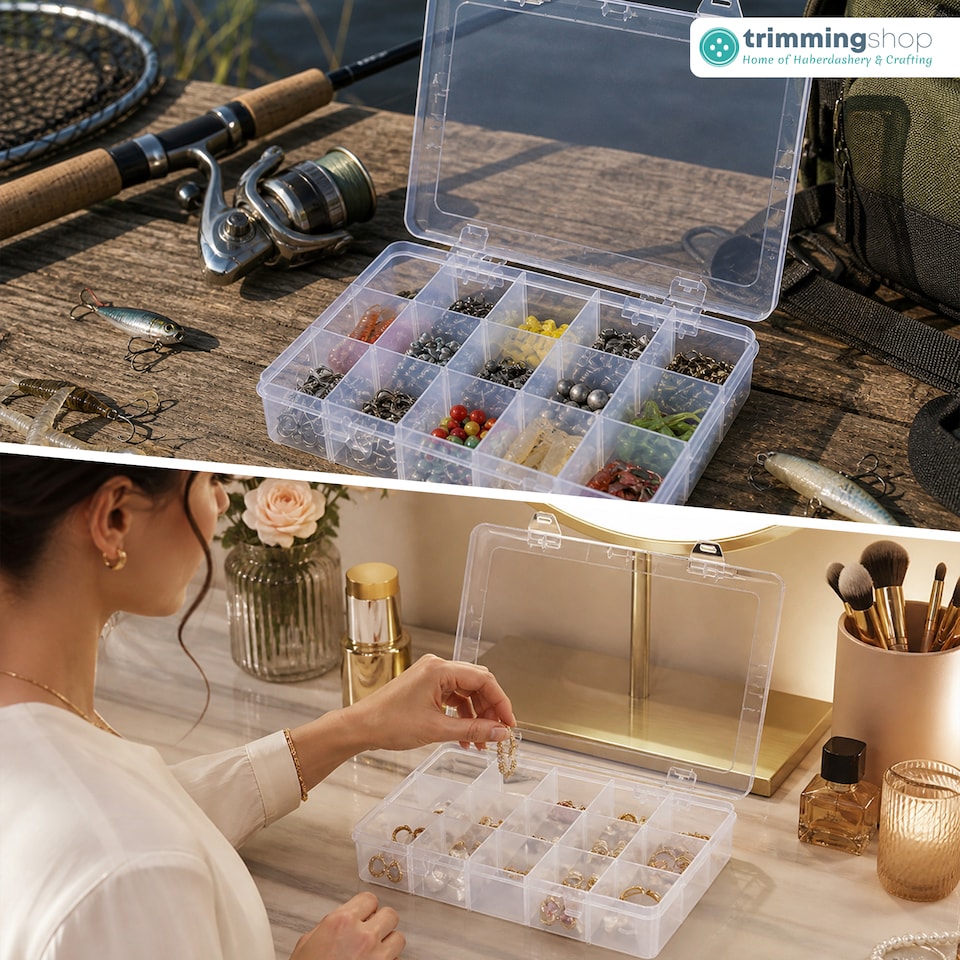image 1 of 15 Compartment Storage Box, Clear Plastic Organiser with Dividers