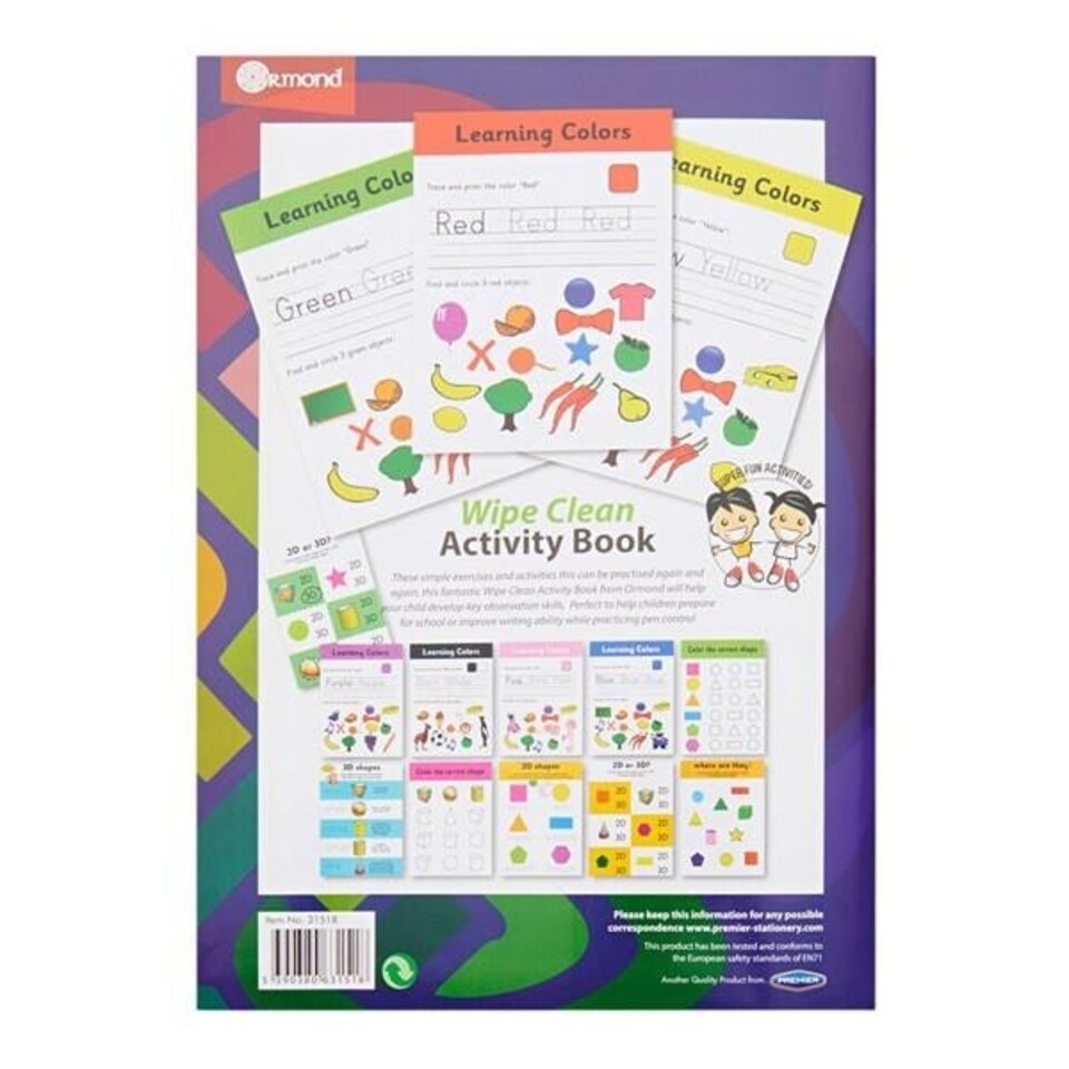 A4 14 Pages Wipe Clean Activity Colours and Shapes Book With Pen by ...