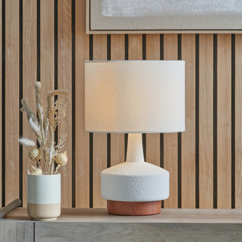 image 1 of Wood Effect White Textured Ceramic Table Lamp | White | White | 1