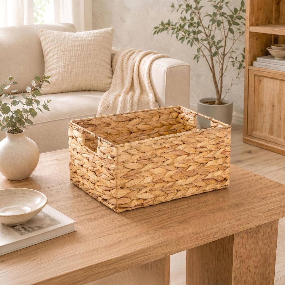image 1 of Woven Water Hyacinth Organiser Storage Baskets Wicker Hamper Basket With handles Gift Basket Bathroom Toys (Medium)