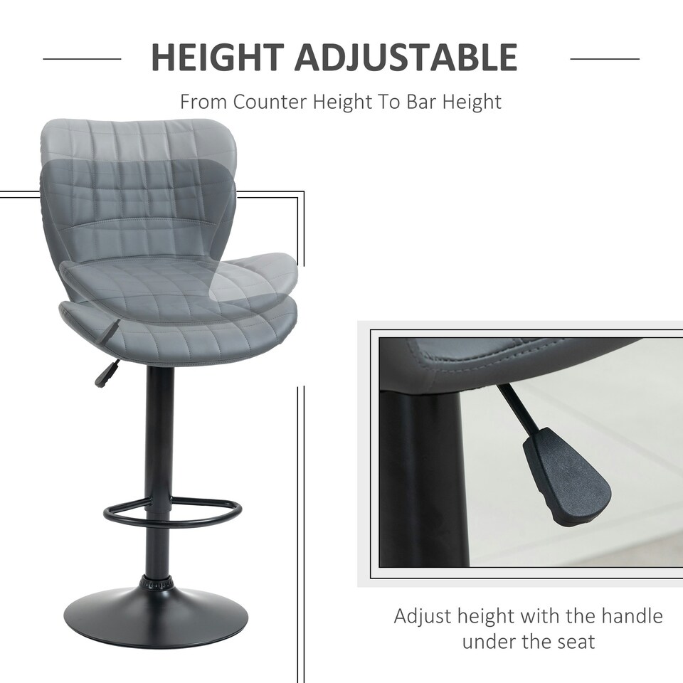 image 1 of HOMCOM Bar Stools Set of 2 Adjustable Height Swivel PU Leather Bar Chairs Grey