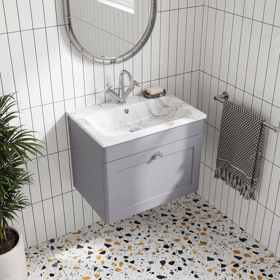 image 1 of Balterley Swynnerton Traditional 1 Drawer Wall Hung Vanity Unit with Stone Basin, Satin Grey, 600mm