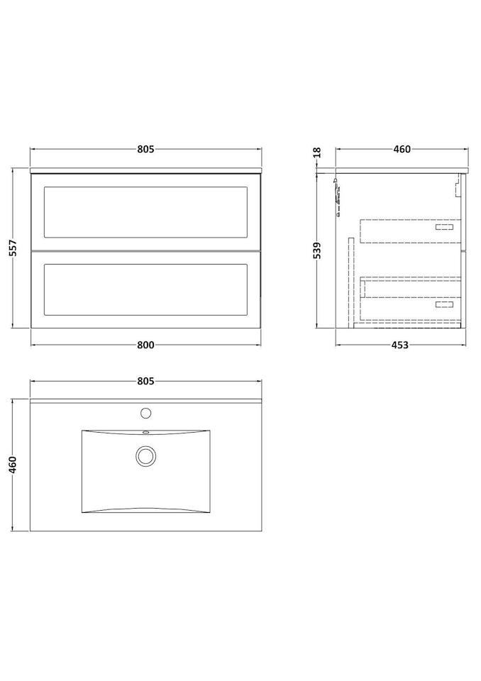 image 1 of Stonnall Traditional Wall Hung 2 Drawers Vanity Unit with Minimalist Ceramic Basin, 800mm, Dark Grey