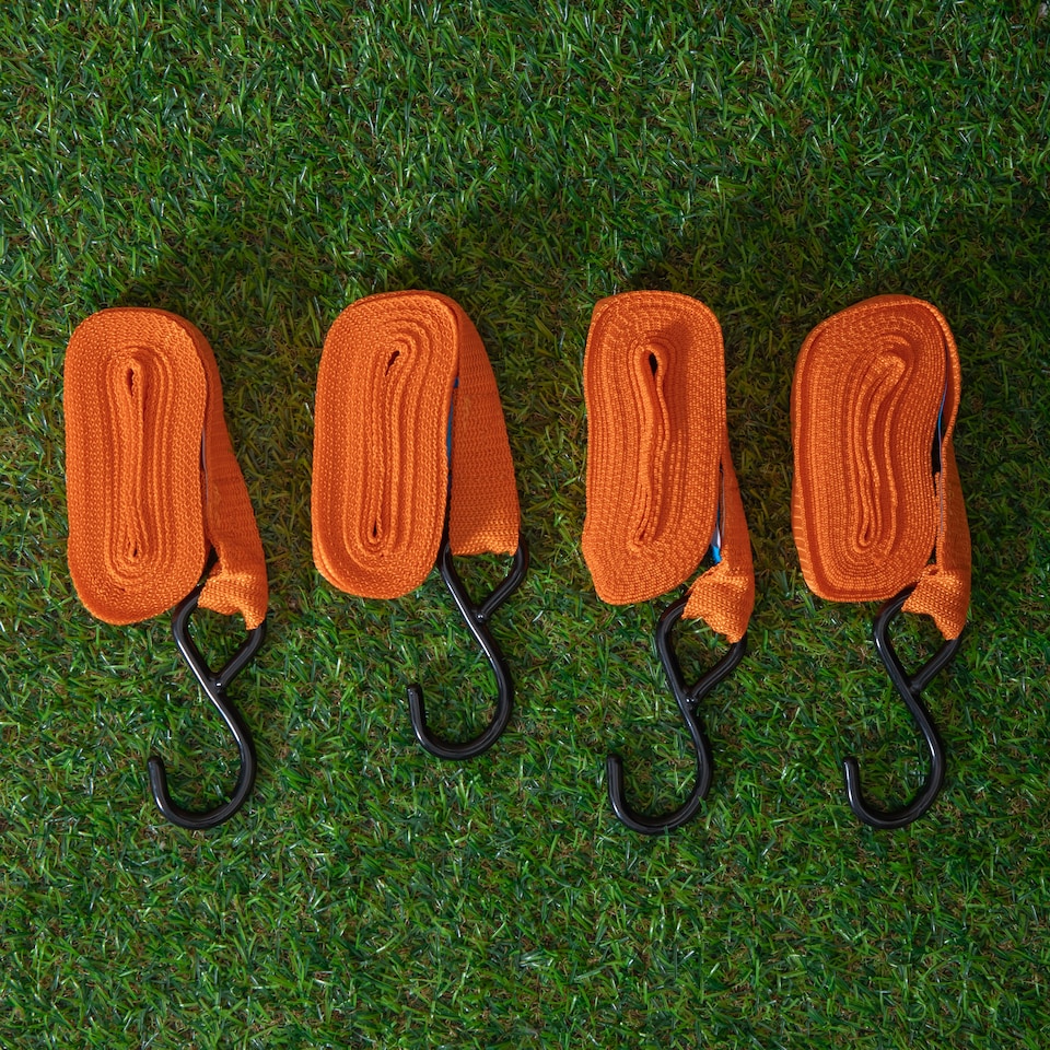 image 1 of 4 Pack of 1 Inch x 15 ft Heavy Duty Orange Ratchet Strap Set with S Hooks DIY