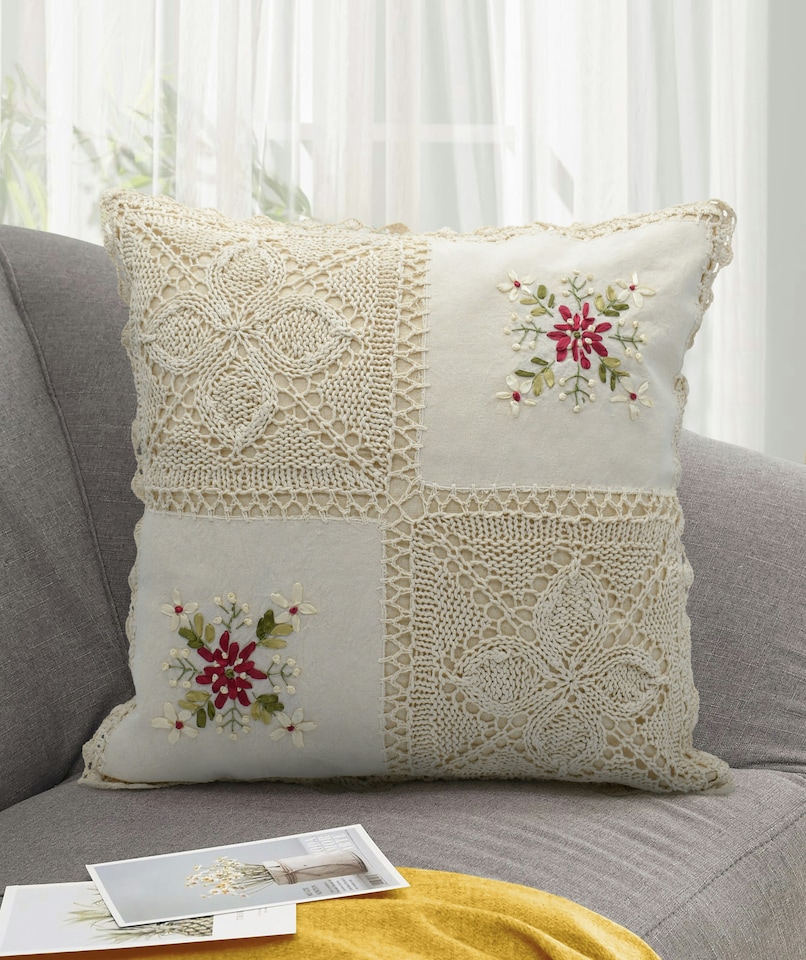image 1 of Floral Crochet Detail Cushion - 45cm x 45cm | Cream | Kimberley