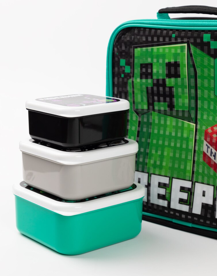 image 1 of Minecraft Lunch Bag | Kids Creeper Skeleton Enderman 5 Piece School Dinner Bag, BPA Free Water Bottle & 3 Snack Pots | Green Gamer Drink Food Containers