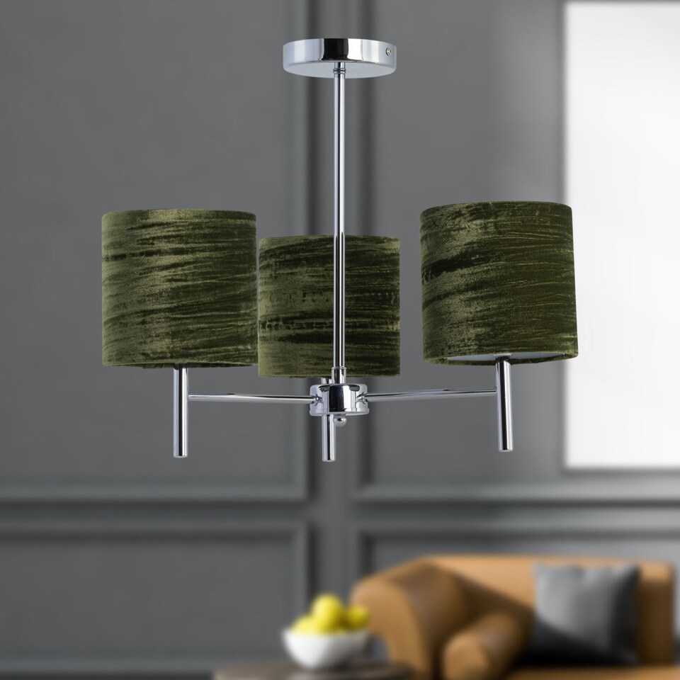 image 1 of Brea - Chrome 3 Light Fitting with Green Crushed Velvet Shades | Chrome | Green | 1