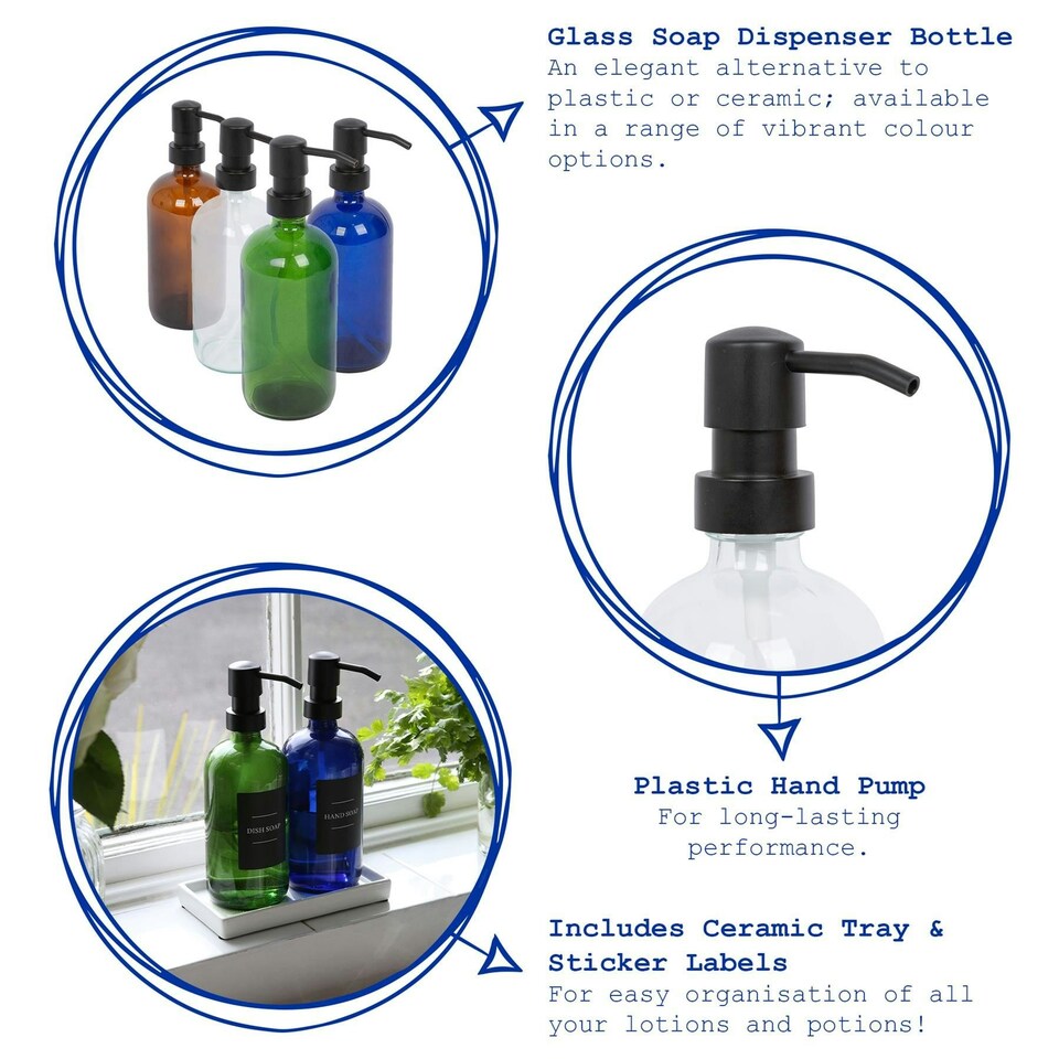image 1 of Harbour Housewares 2pc Glass Soap Dispenser Set with Ceramic Tray & Labels - 500ml - Blue/Black