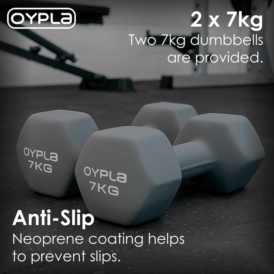 image 1 of Pair of 7kg Hex Anti Roll Neoprene Non Slip Hand Dumbbells Workout Weights