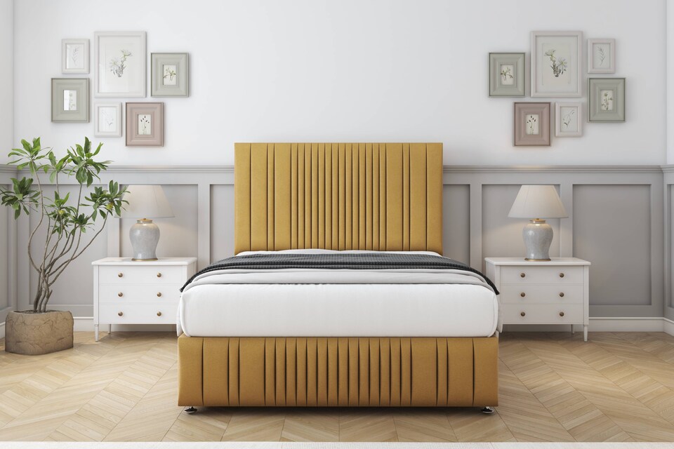 image 1 of Sloomy Kingsley Mustard Plush Divan Bed Base 2 Drawers Right Side With 54 Inch Floor Standing Headboard & 12 Inch Matching Footboard | Gold | Mustard | Super King | 1