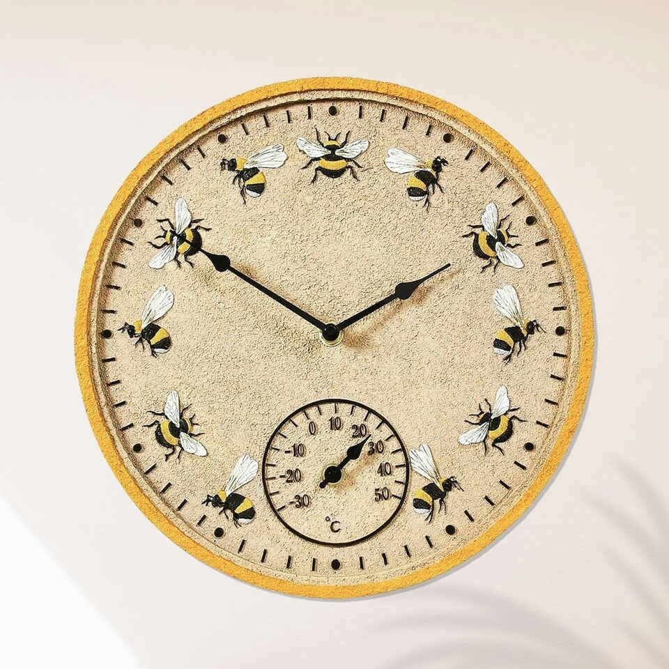 image 1 of Marco Paul 30cm Bee Outdoor Clock and Thermometer Yellow