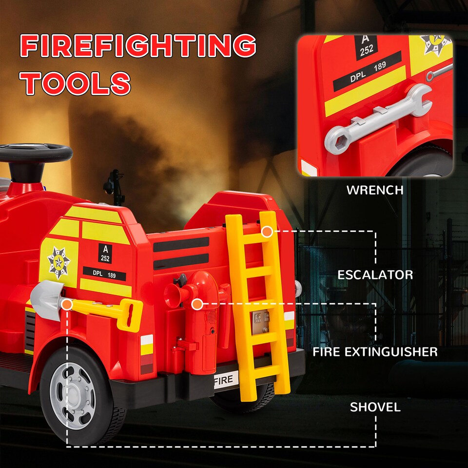 image 1 of AIYAPLAY Ride on Fire Truck, 12V Kids Electric Car with Sirens, Flashing Lights, Firefighting Tools, Music, Horn, Slow Start, Gift for Boys and Girls, Red