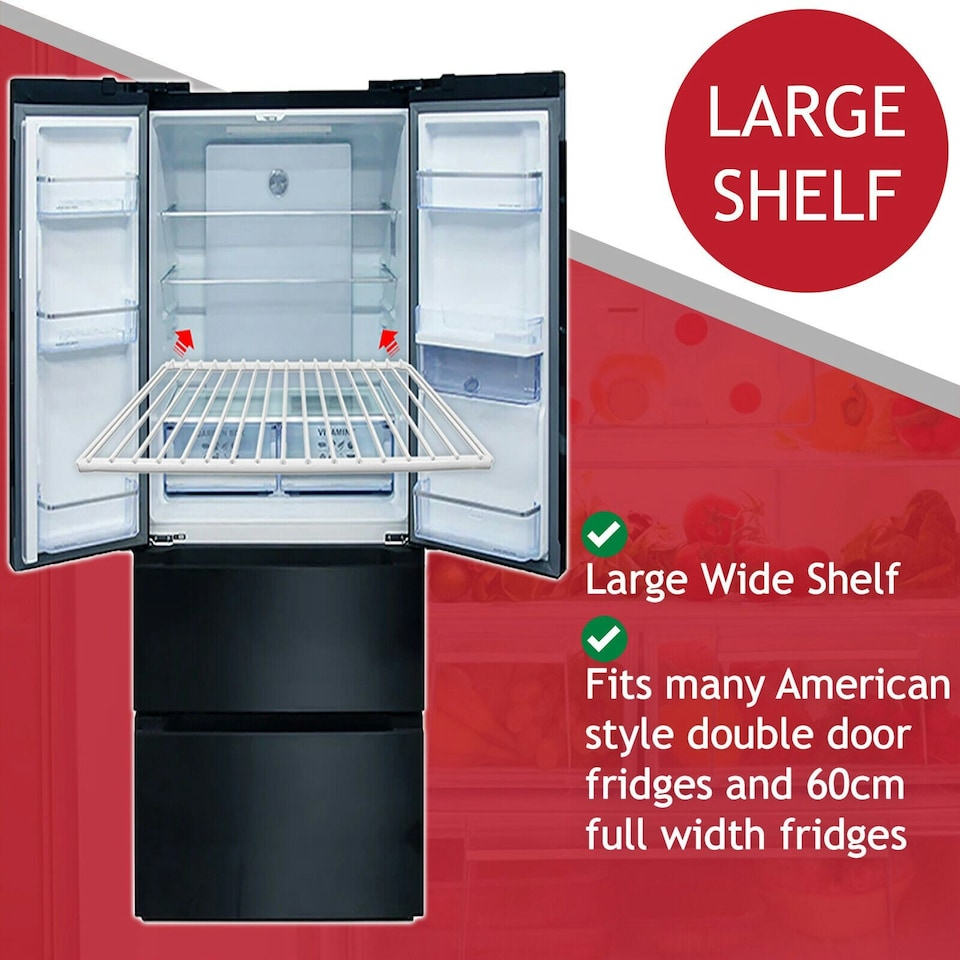 image 1 of SPARES2GO Fridge Shelf for Hisense Freezer Adjustable White Extendable Arms 425mm - 670mm x 320mm White | 425-670mm x 320