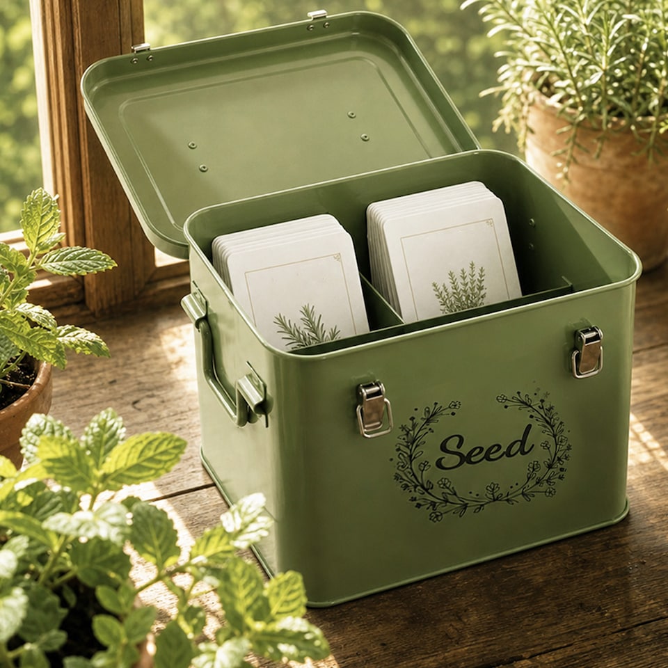 image 1 of TOQUE Seed Storage Box Organiser 3 Compartment Metal Seed Storage Green