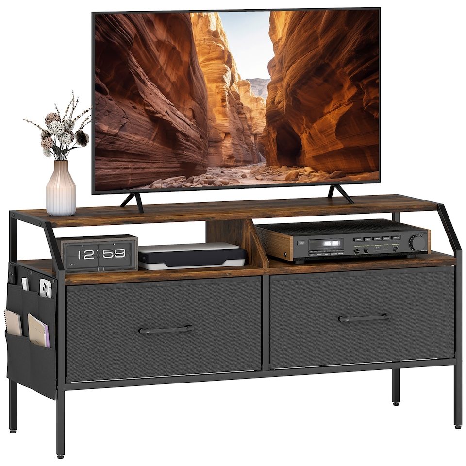 image 1 of HOMCOM TV Stand Cabinet, TV Unit for 55-inch TVs with 2 Foldable Fabric Drawers, 5 Divided Side Pockets, Open Shelves, Console Table for Living Room, Bedroom, Entertainment Room, Rustic Brown | Brown