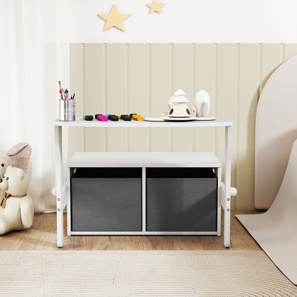 image 1 of AIYAPLAY 3 in 1 Kids Storage Bench, Toddler Table and Chair Set, White