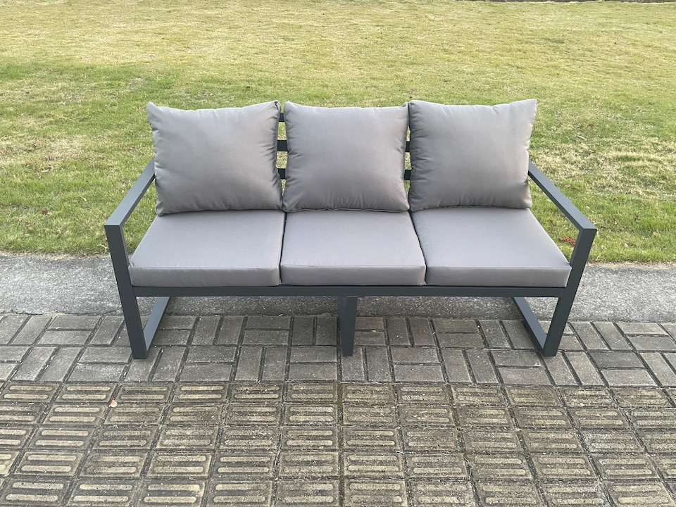 image 1 of Fimous Aluminium Outdoor Garden Furniture Set 9 Seater Garden Sofa with Oblong Coffee Table Big Footstool Side Table Dark Grey