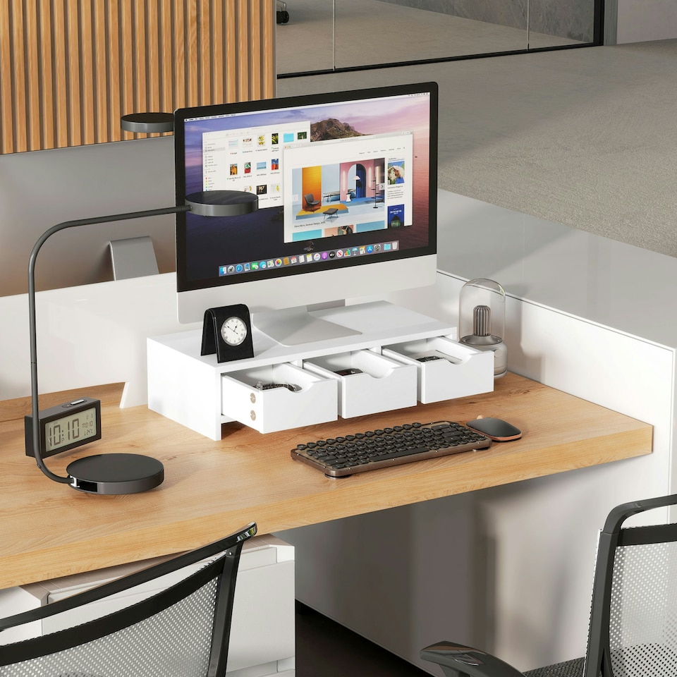 image 1 of HOMCOM Monitor Stand Riser with 3 Drawers for Laptop, Computer, PC, White