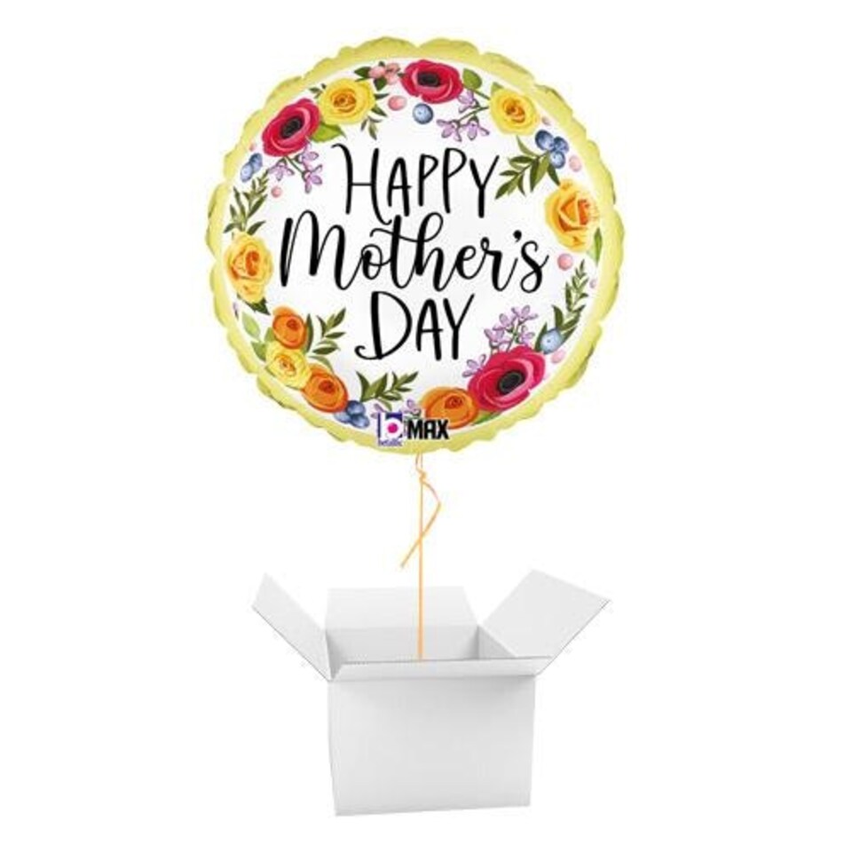 Happy Mother's Day Floral Wreath Round Foil Helium Balloon - Inflated Balloon in a Box Yellow