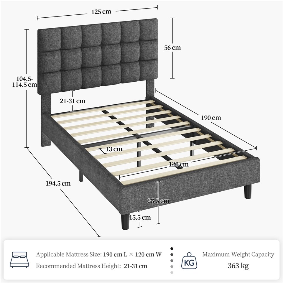 image 1 of Yaheetech 120 x 190 cm Small Double Upholstered Bed Frame-Dark Grey
