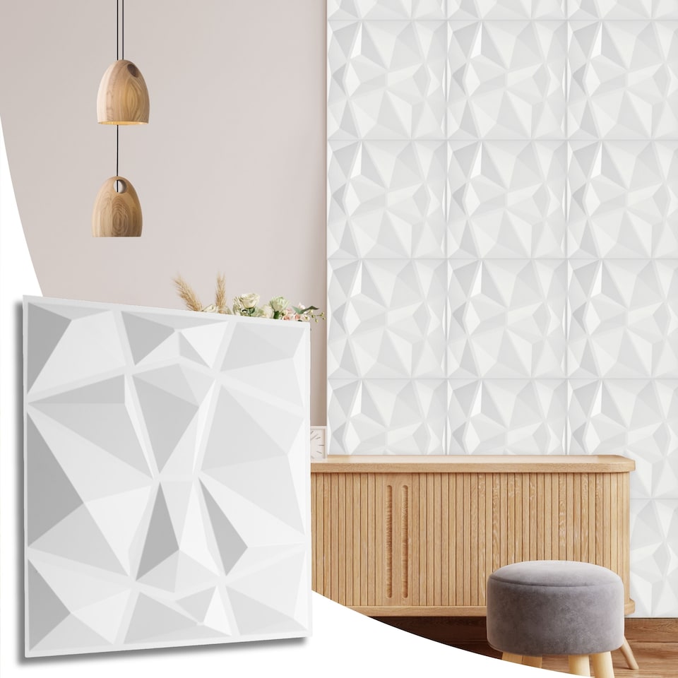 image 1 of NOVECRAFTO Decorative 3D Wall Panels (50cm x 50cm) 3D Diamond Shape PVC Cladding Panel