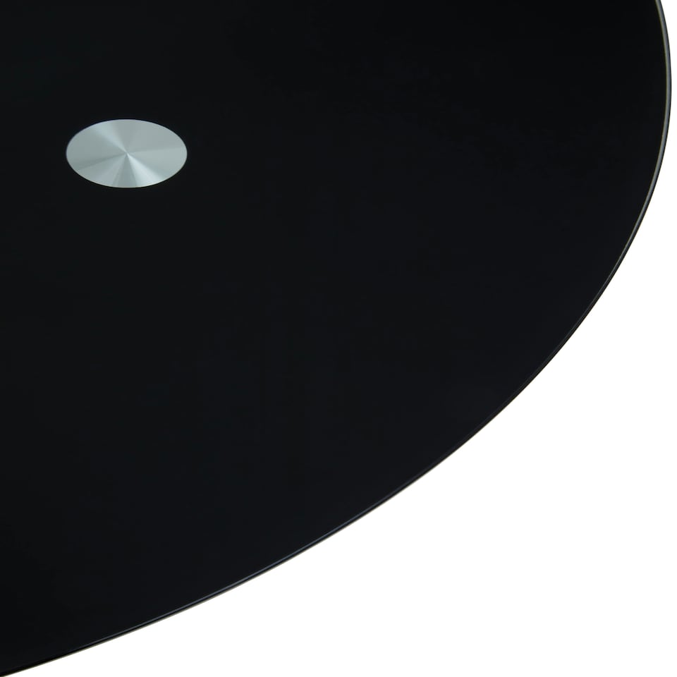 image 1 of Interiors by Premier Black Glass and Gold Hourglass Base Dining Table, Modern Black and Gold Round Dining Table for Modern Homes Gold