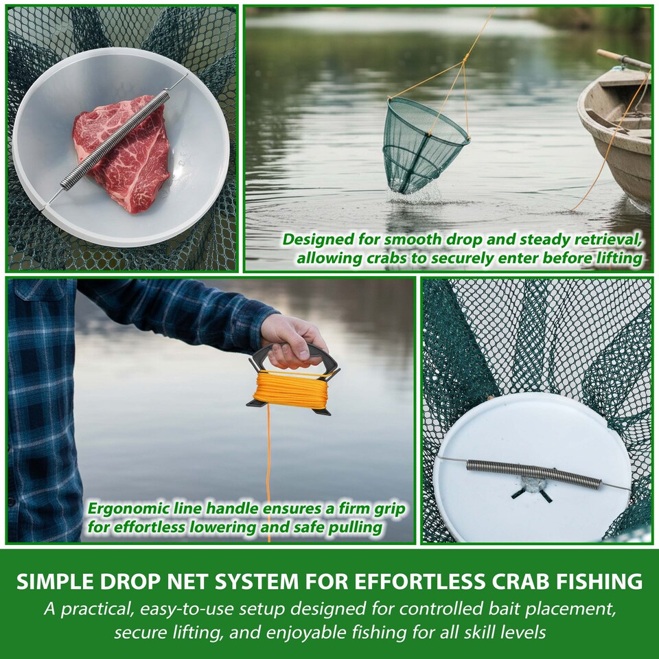 image 1 of 2 x CRAB FISH CRAYFISH LOBSTER DROP NET BAIT CLIP & ROPE SAFE CRABBING BASKET
