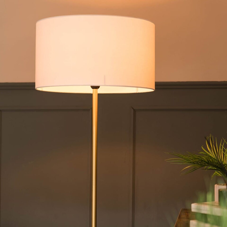 image 1 of ValueLights Tavel Brushed Gold Floor Lamp White Shade