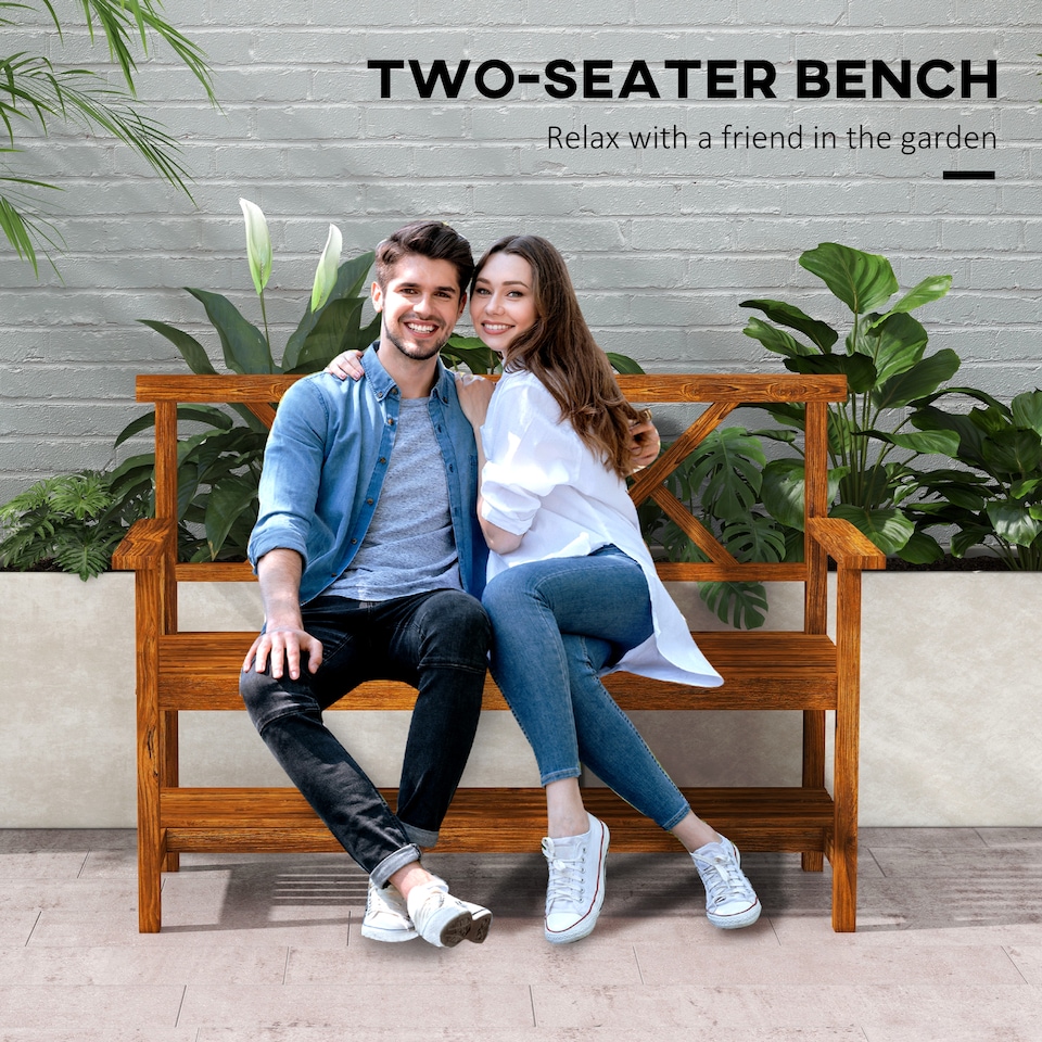 image 1 of Outsunny Wooden Garden Bench, 2-Seater Outdoor Bench with Storage Shelf, Backrest, Armrests and Slat Seat for Patio, Lawn, Deck, Carbonized