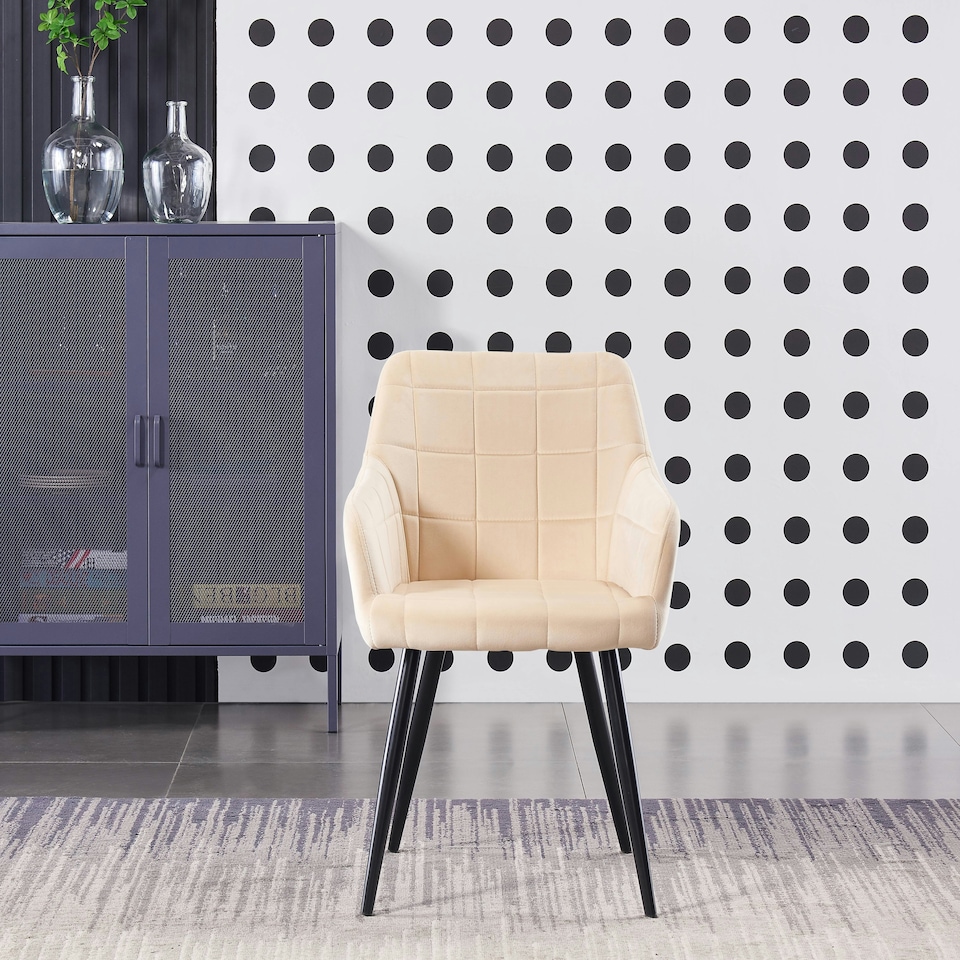 image 1 of Single Camden Modern Velvet Dining Chair with Armrests, Quilted Design & Black Metal Legs Cream