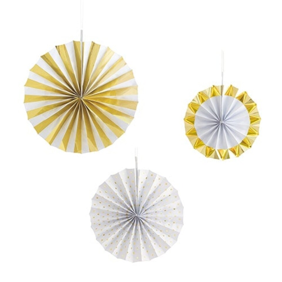 White & Gold Foiled Paper Fans Hanging Decorations - Pack of 3