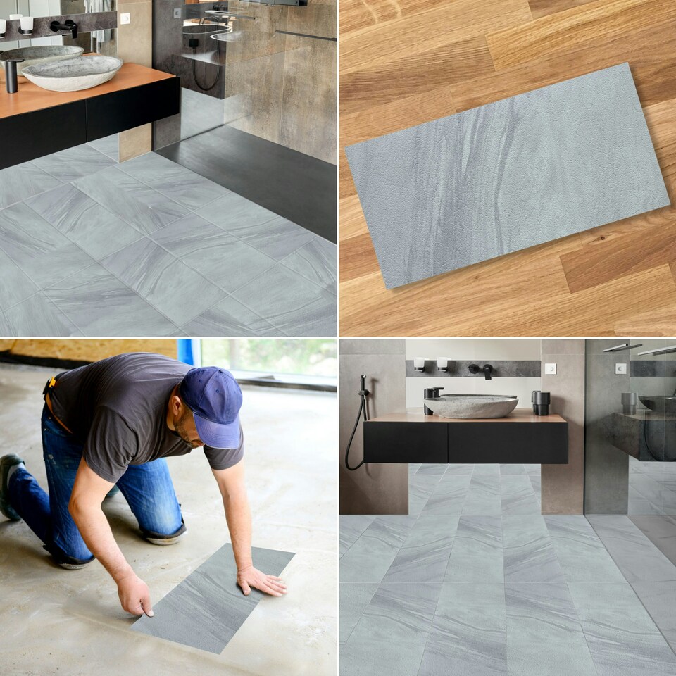 image 1 of NOVECRAFTO Vinyl Floor Tiles Self Adhesive – 12x24in Peel and Stick Waterproof Rectangular Flooring for Kitchen & Bathroom – Grey White Marble Effect Grey | 5.57 sqm