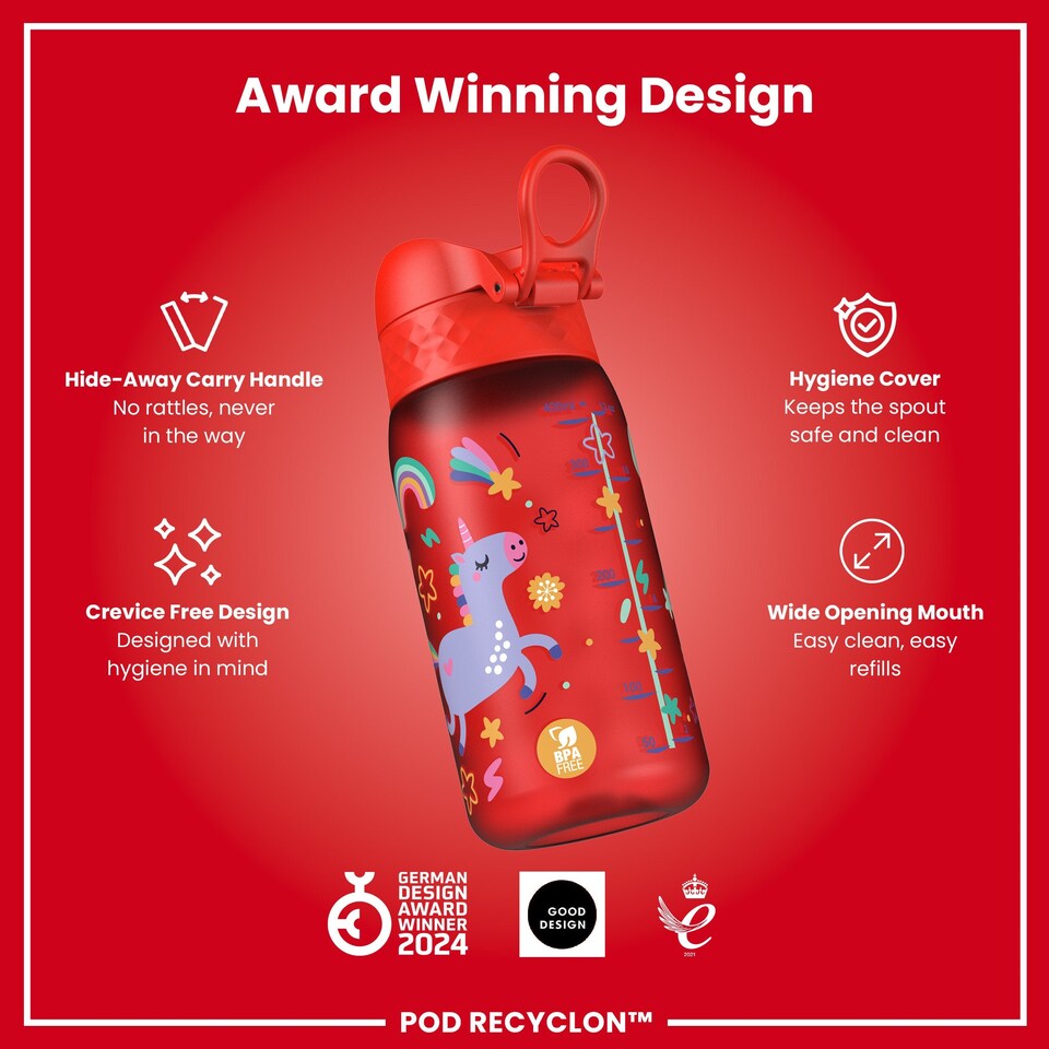 image 1 of Leak Proof Kids Water Bottle, BPA Free, 350ml (12oz) | Red | Unicorns Red | One Size