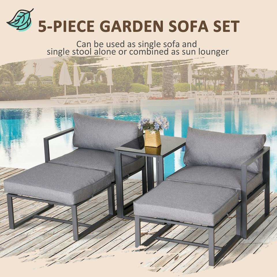 image 1 of Outsunny 5 Piece Garden Conversation Set 2 Footstools End Table