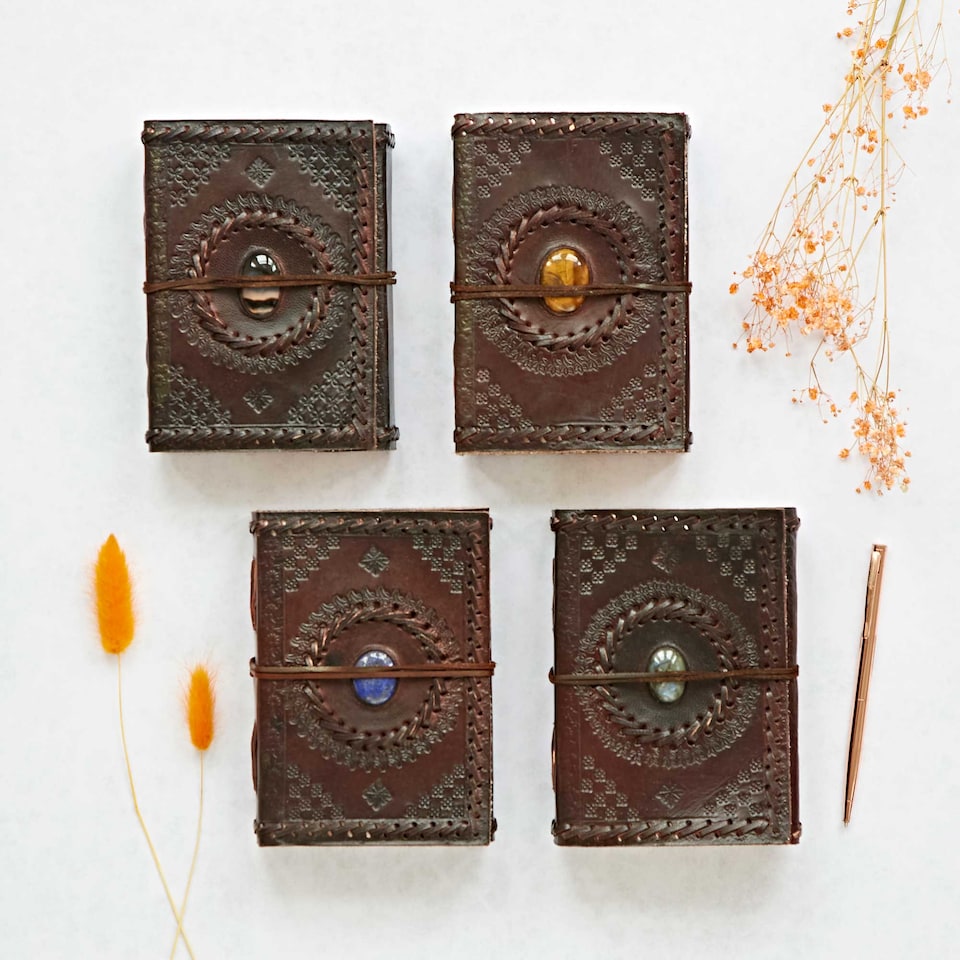 image 1 of Indra Medium Embossed and Stitched Leather Journal with Semi-Precious Stone
