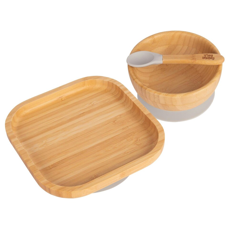 image 1 of Tiny Dining Children's Bamboo Suction Square Dinner Set - Grey