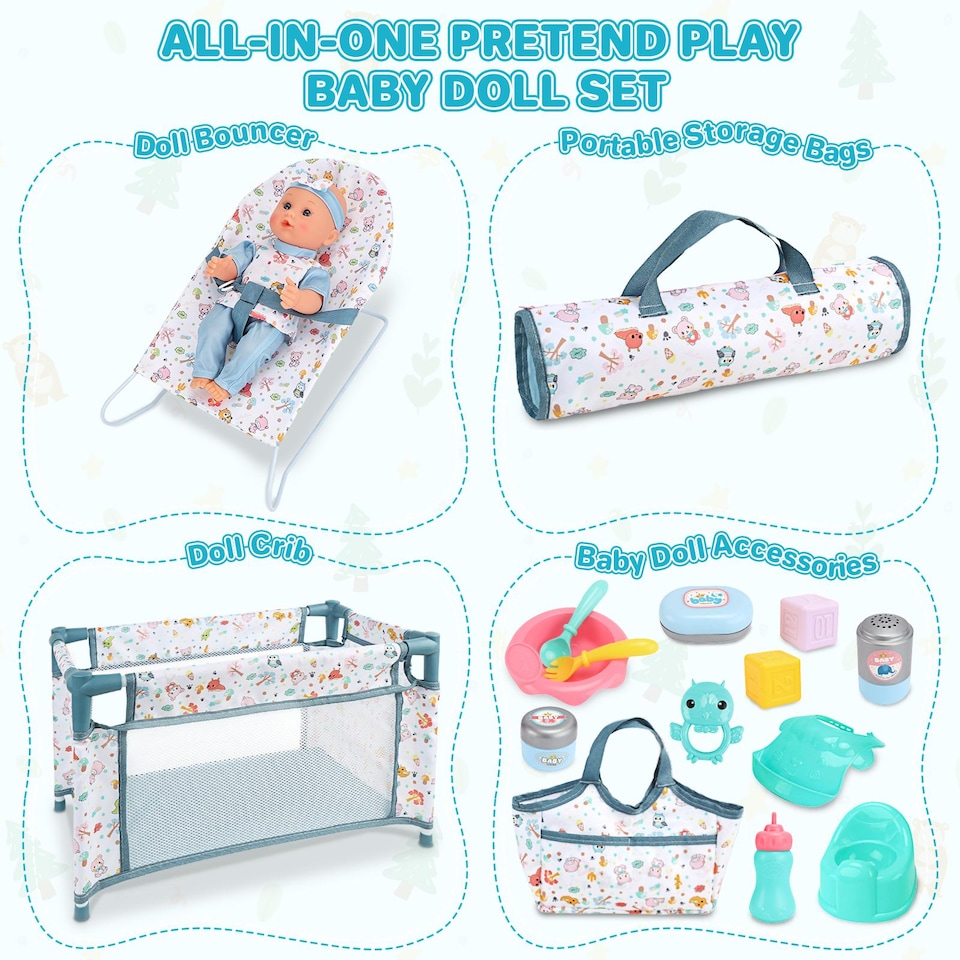 image 1 of 4‑in‑1 Baby Doll Playset – 12" Baby Doll with Crib, Rocking Chair, Storage Bags & Nursery Accessories – Pretend Play Baby Care Toy for Kids Ages 3+