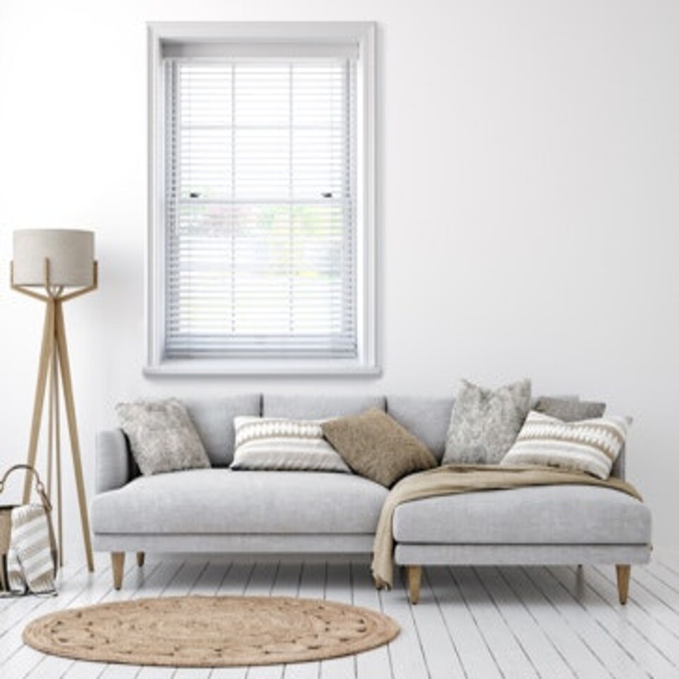 image 1 of 125cm White Faux Wood Venetian Blind With Strings 120cm Drop | White | White