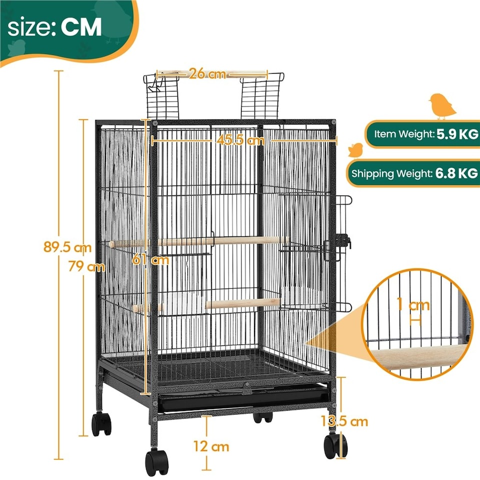 image 1 of Yaheetech 79 cm Tall Open Top Wrought Iron Bird Cage with Rolling Stand Black