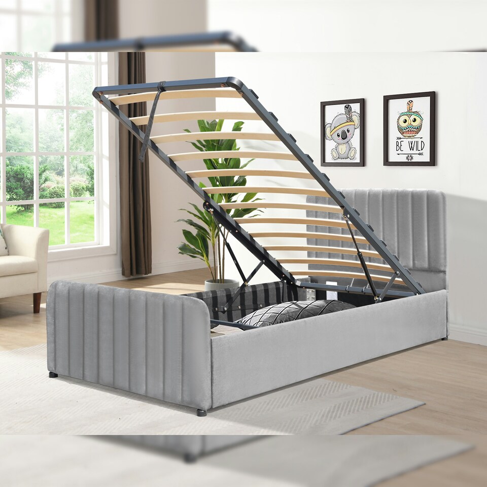 image 1 of 3ft Light Grey Brushed Velvet Gas Lift Ottoman Bedframe