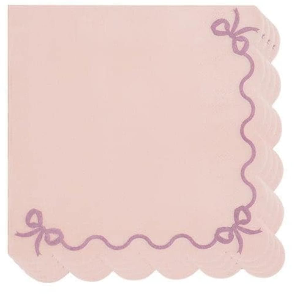 image 1 of Pastel Pink Ribbon Bow Ruffled Paper Luncheon Napkins 2 Ply 33cm - Pack of 12 | Pink