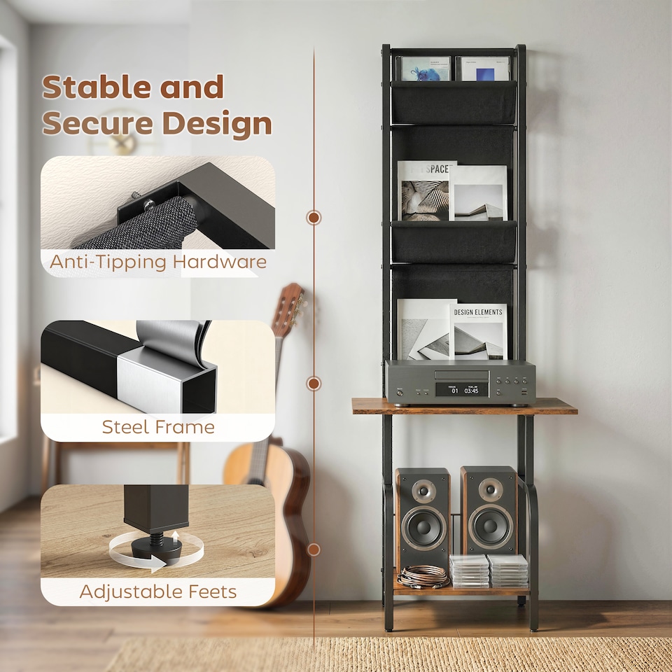 image 1 of HOMCOM Vinyl Record Player Stand with Oxford Pockets Rustic Brown and Black | Brown | Rustic Brown and Black | 50 x 48.5 x 144 cm