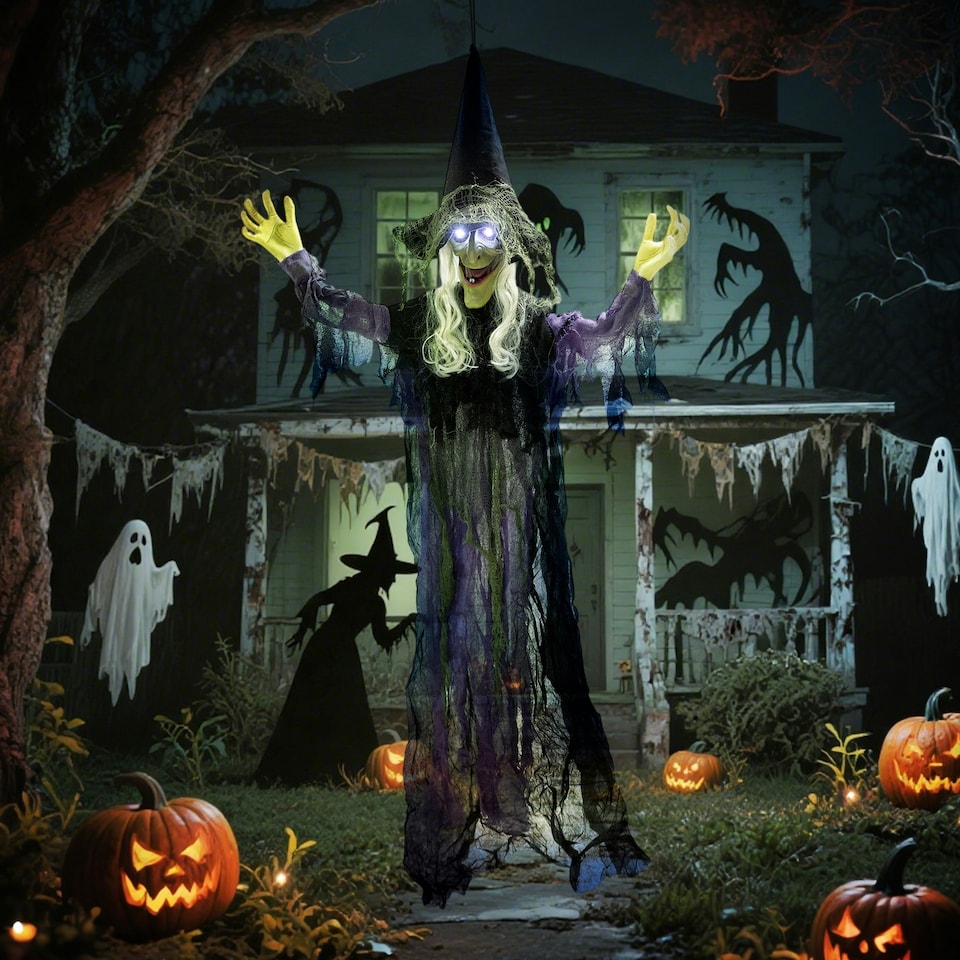 image 1 of Outsunny Voice Activated Halloween Animatronics Hanging Witch, Purple