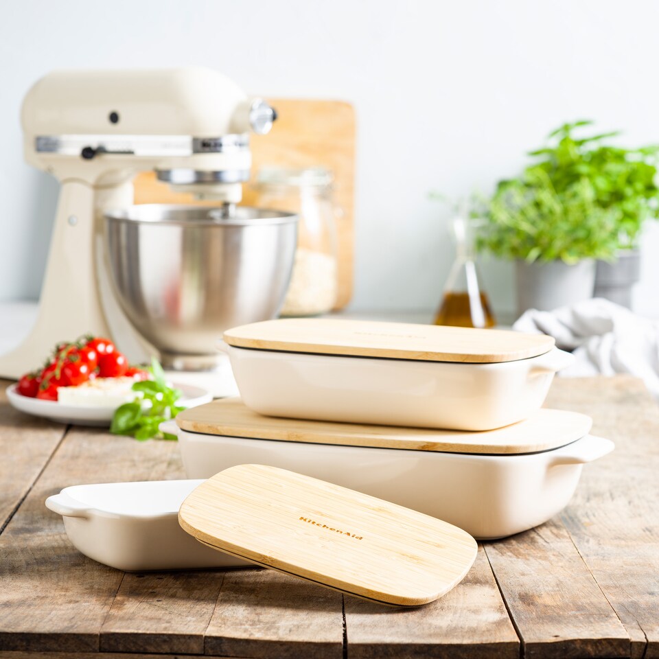 image 1 of KitchenAid Medium Baker with Bamboo Lid, Almond Cream