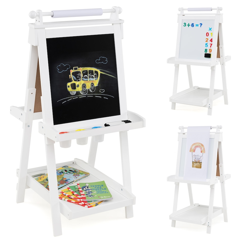 image 1 of COSTWAY Foldable Easel Kids 3-in-1 Double-sided Art Easel w/Chalkboard-White