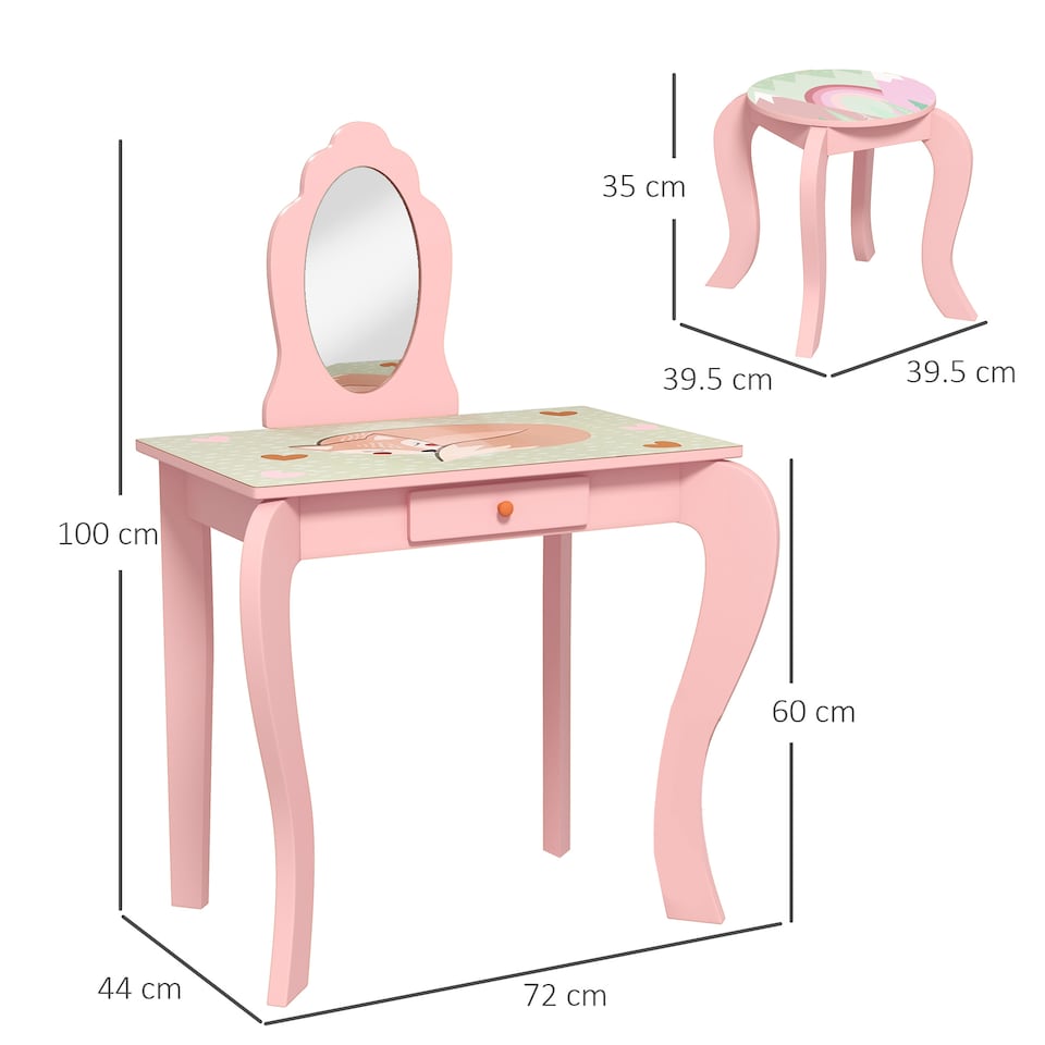 image 1 of ZONEKIZ Kids Dressing Table with Mirror and Stool, Girls Vanity Table Makeup Desk with Drawer, Cute Animal Design, for Ages 3-6 Years, Pink