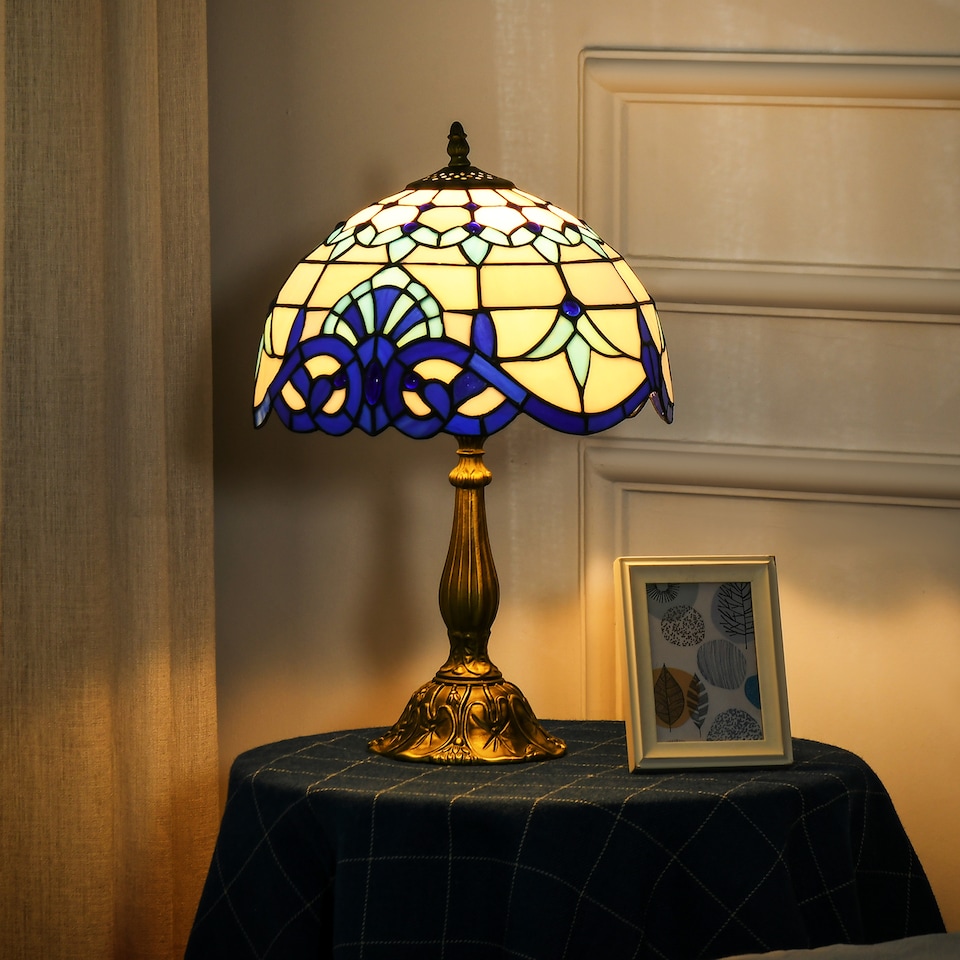 image 1 of HOMCOM Stained Glass Table Lamp, Handmade Antique Bedside Lamp for Bedroom, Living room, Home, Nightstand, Decorative Night Light, Blue