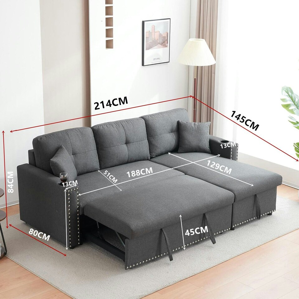 image 1 of Sofabed 3 Seater Reversible Sectional Sofa Sleeper Set with Storage Chaise, Built-in Cupholder, Decorative Rivets, Pull-out Bed, and Light Grey Fabric Grey